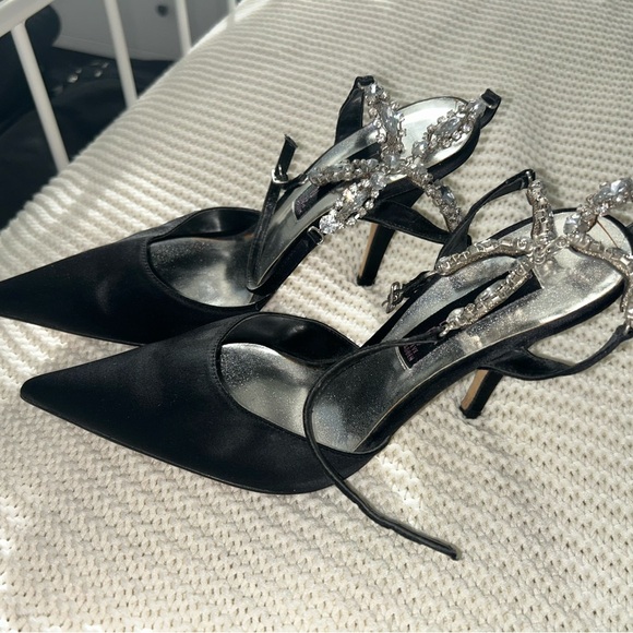 Stevens Shoes - Chic Black Satin Heels with Silver Embellishments